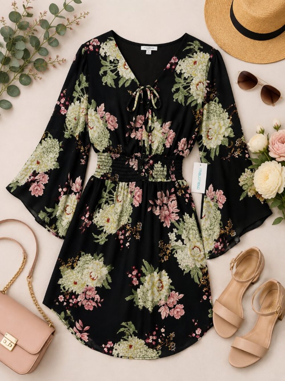 Maurices Floral Kimono Sleeve Dress M Black Pink Smocked Waist Boho NWT